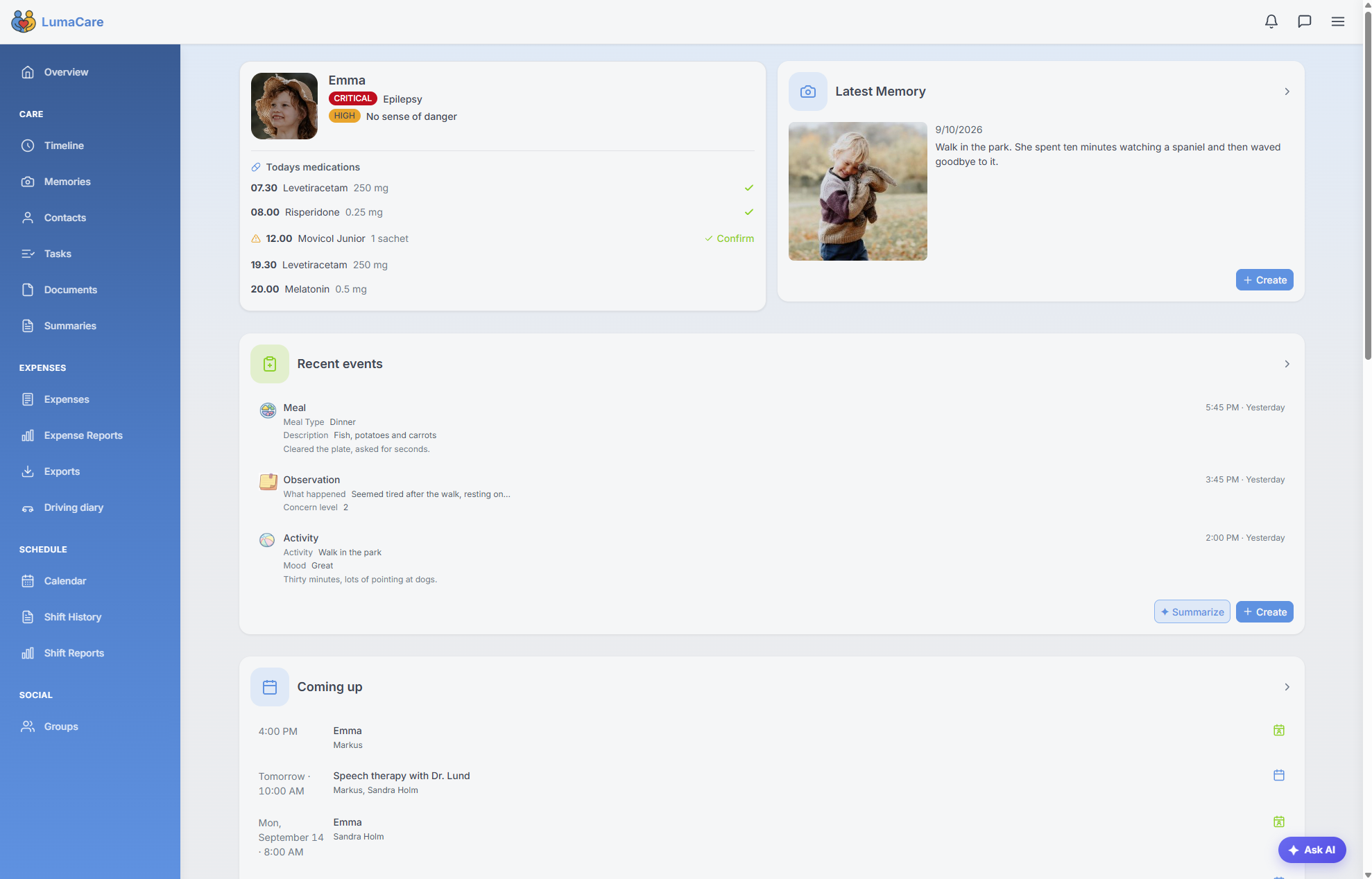 The LumaCare care dashboard