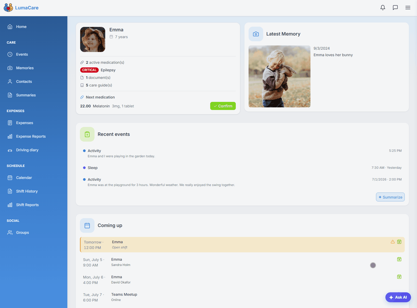 AI assistant answering with cited care records