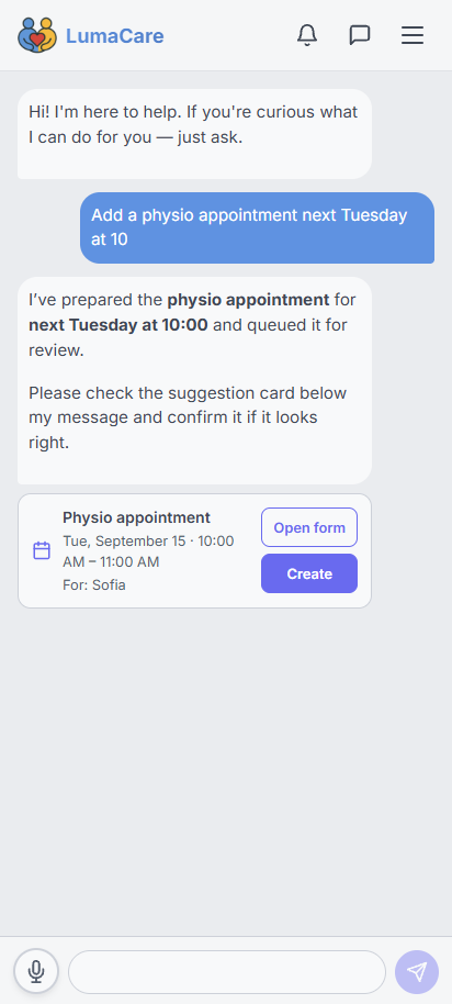 An appointment prepared by the care assistant, waiting for confirmation