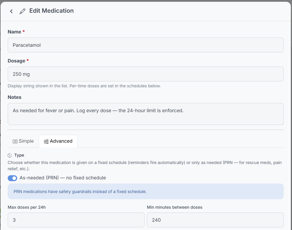 Dose limits for an as-needed medicine