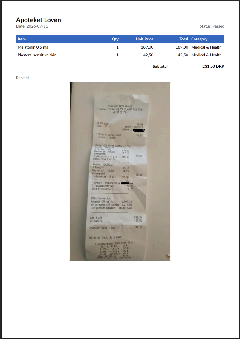 Exporting expenses with receipts