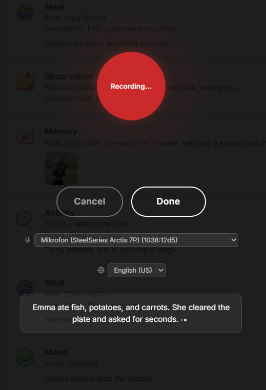 Logging care events by voice